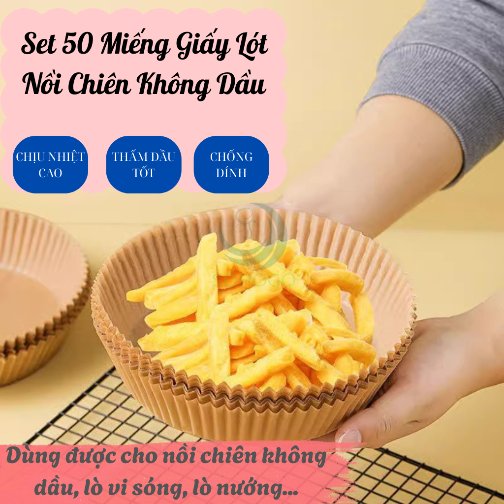 Set 50 Miếng Giấy Lót Nồi Chiên Không Dầu, miếng lót nướng không dính thấm dầu hình tròn đa năng V0060
