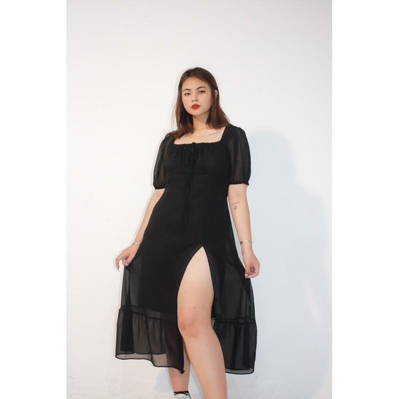 Đầm Plum thiết kế xẻ tà và cổ vuông form bigsize