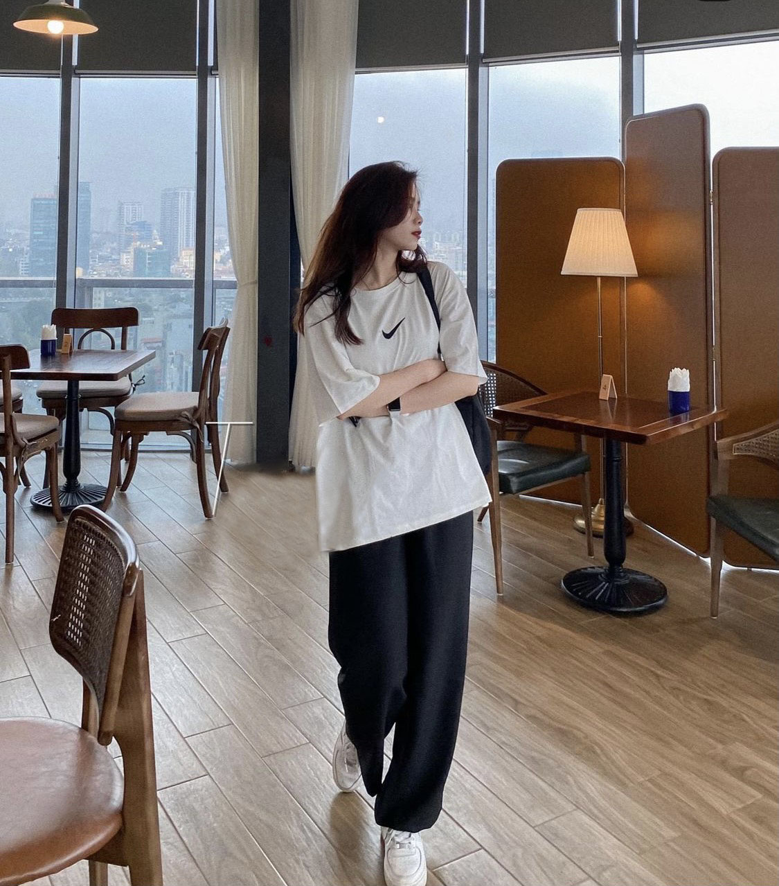 Quần tây đen ống rộng dáng suông lưng cao Ulzzang phong cách Hàn Quốc