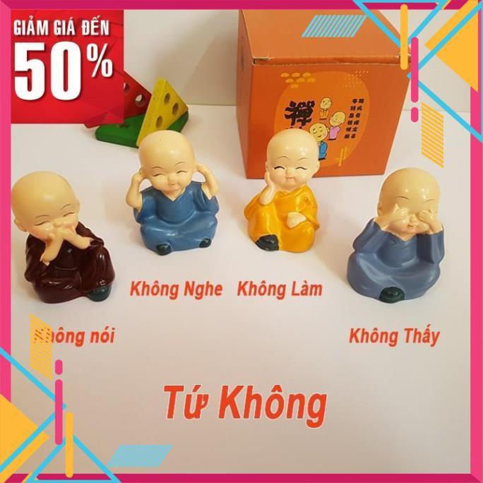 Bộ 4 tượng chú tiểu bốn hòa thượng tứ không mini để bàn làm việc đẹp bằng sứ an lạc, bình yên, giác ngộ