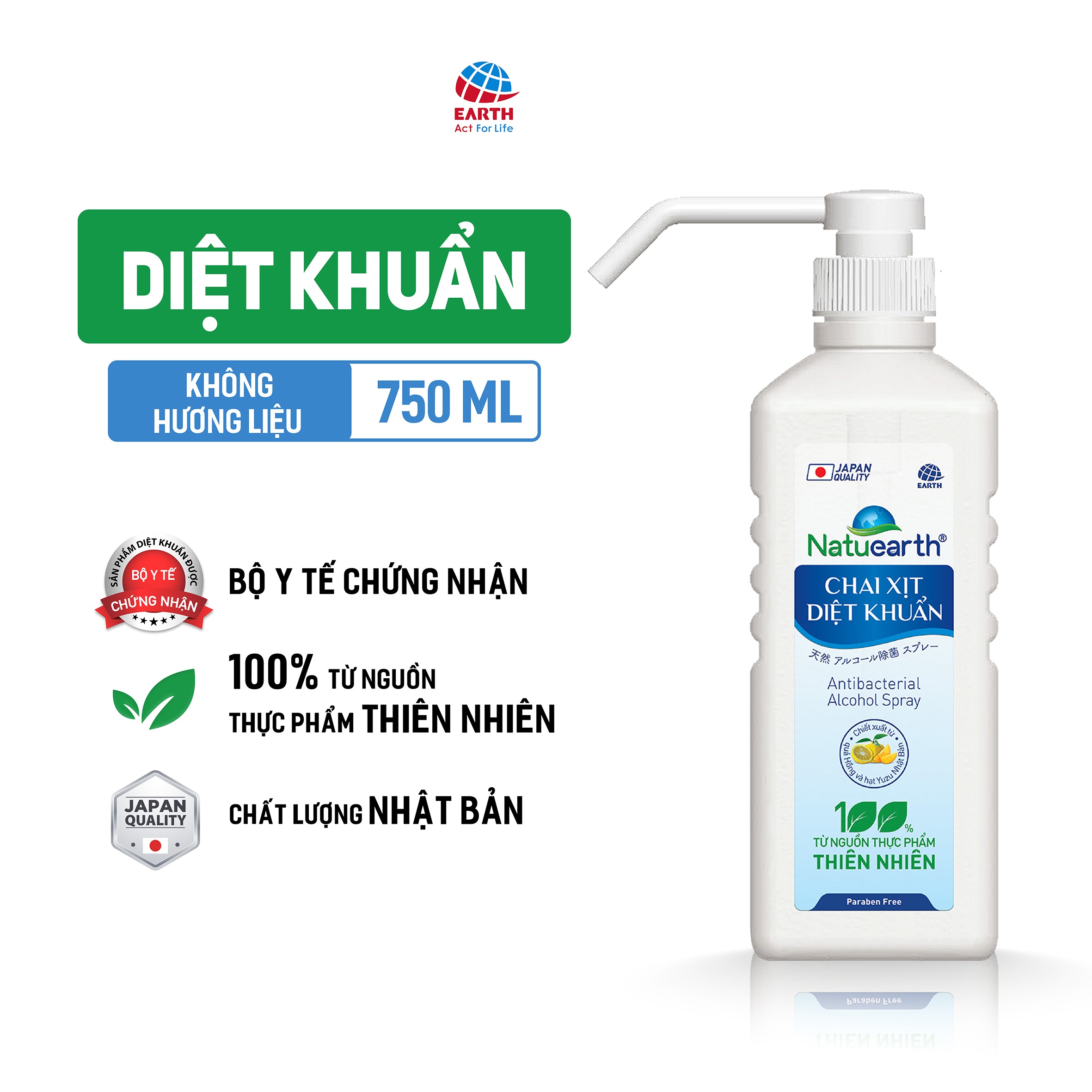 Chai xịt diệt khuẩn Natuearth 750 ml (chai dạng vòi ấn tiện dụng)