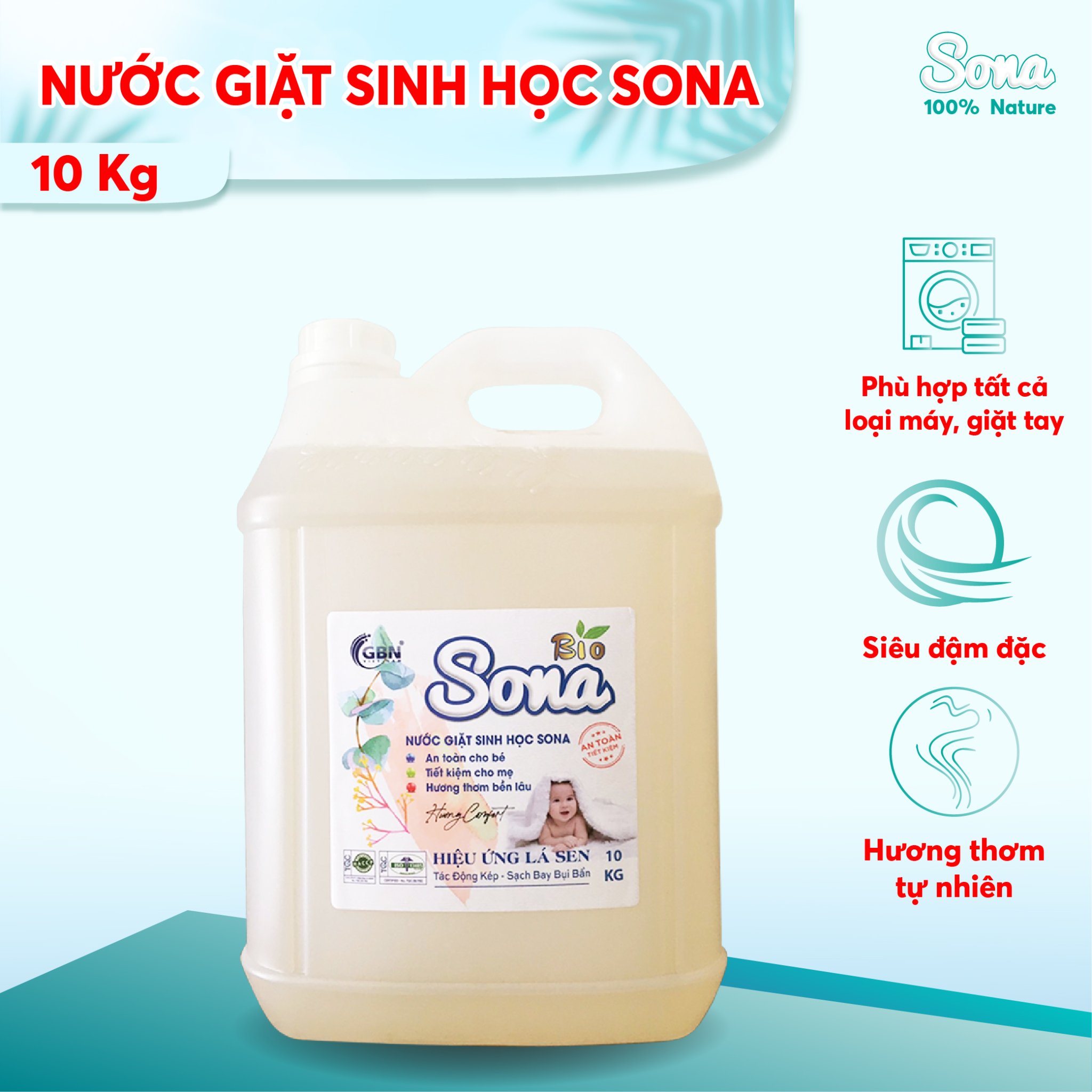 Nước giặt sinh học SONA 10kg giặt xả quần áo 2 trong 1 lưu hương suốt 24h 100% organic