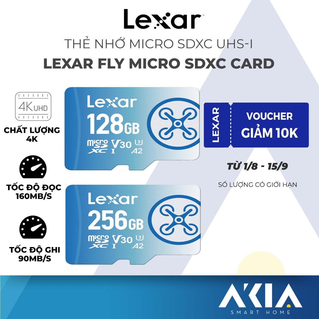 Thẻ nhớ micro SDXC 64GB/ 128GB/ 256GB Lexar FLY, chuyên dụng cho Flycam, lưu video 4K, tốc độ đọc 160MB/s, tốc độ ghi 90MB/s, BH 5 năm - Hàng chính hãng