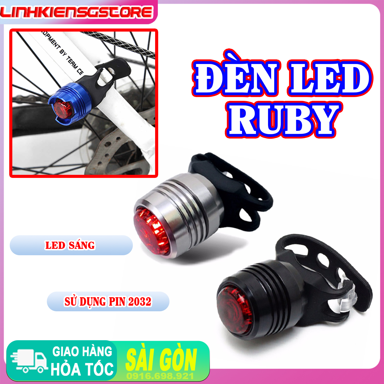 GIÁ SỈ Đèn LED chớp sáng gắn đuôi xe đạp ruby gắn cốt yên,nón bảo hiểm,ghi dong