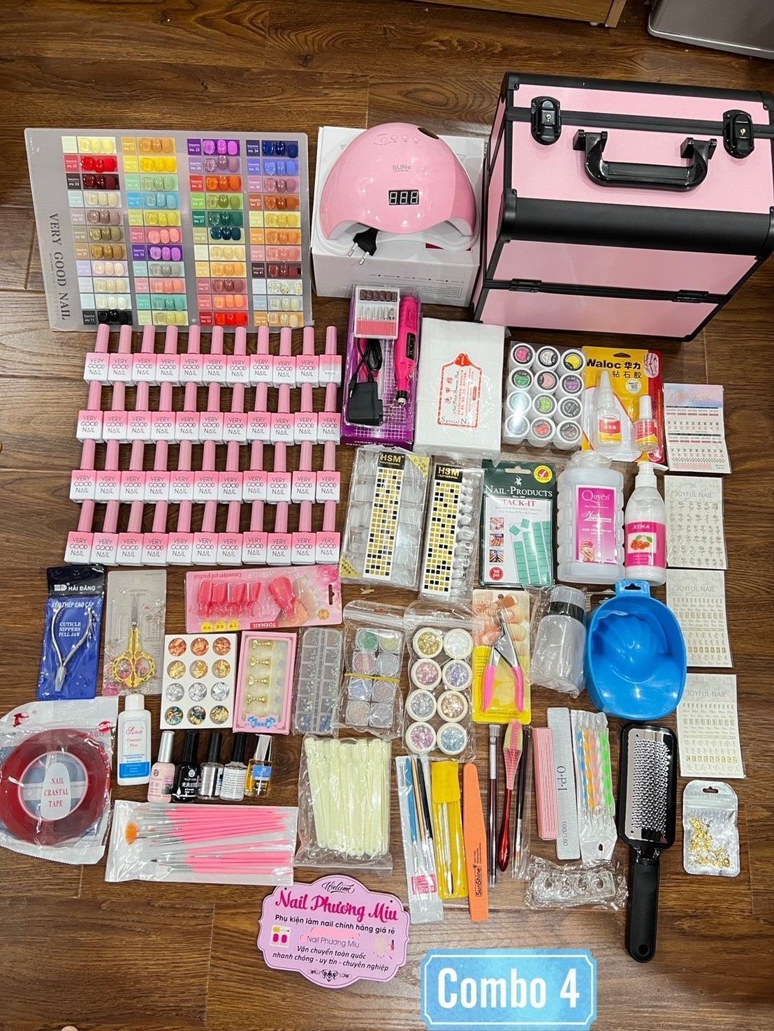 Combo Dụng Cụ Làm Móng Đầy Đủ Số 4, Bộ Phụ Kiện Làm Nail Chuyên Nghiệp Sơn Very Good Nail 44 Màu, Máy Hơ Sun 5, Cốp Nhôm Nữ