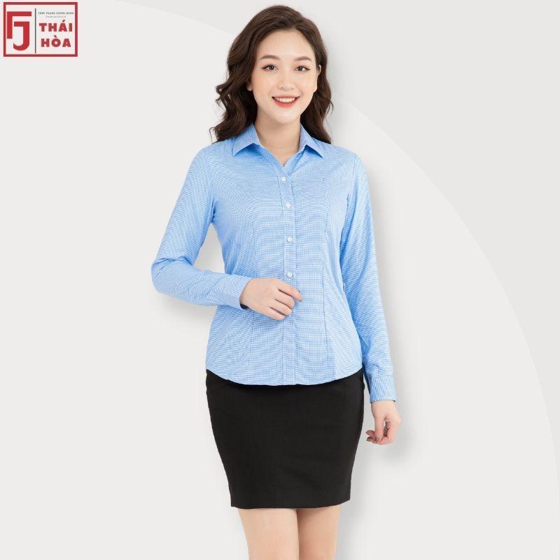 Áo sơ mi nữ Thái Hoà caro nhuyễn kiểu công sở đẹp cotton màu xanh dương đậm 65-15-01