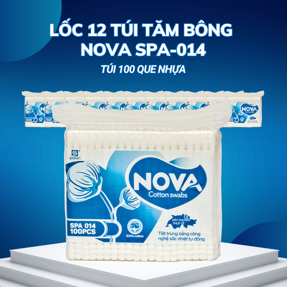 Lốc 12 túi Tăm bông Nova người lớn thân nhựa túi 100 que SPA-014