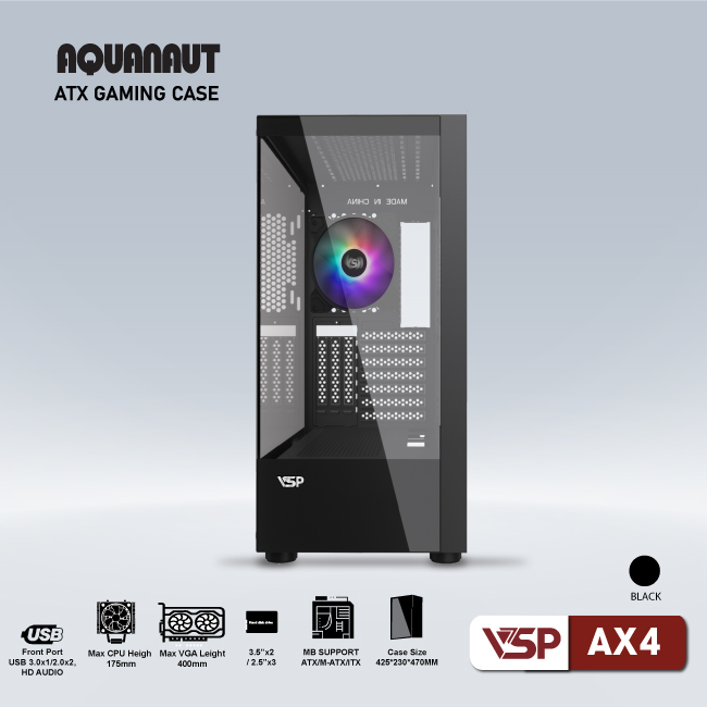 Vỏ máy tính Case VSP Aquanaut AX4 [ĐEN] 2 mặt kính (ATX/M-ATX/mATX) (Không kèm Fan) - Hàng chính hãng Tech Vision phân phối