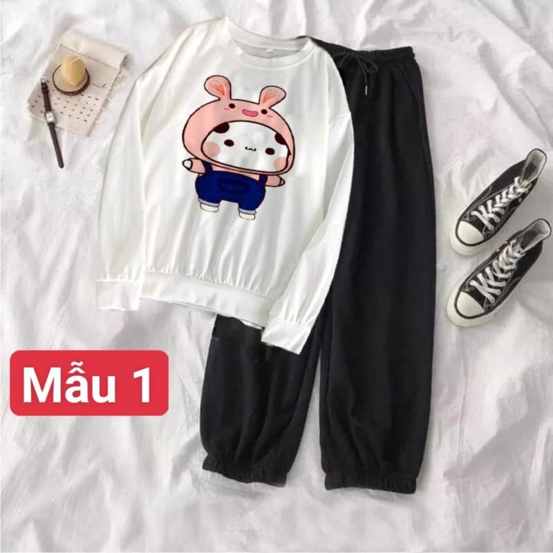 Bộ áo nỉ dài tay các hình kèm quần bom đen