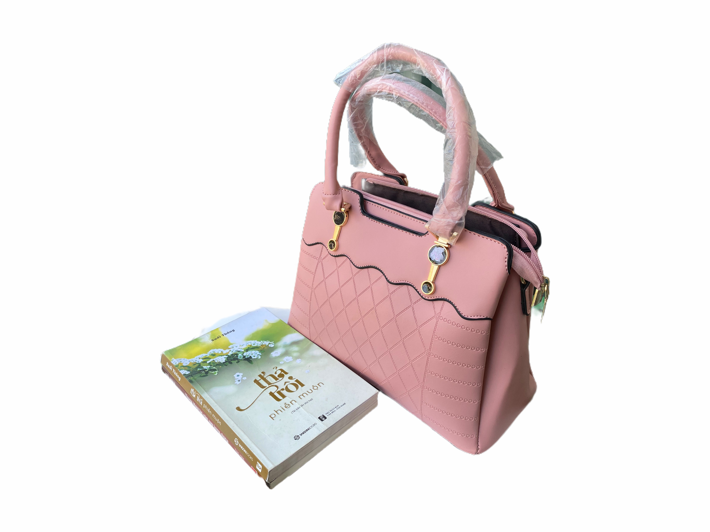 Túi nữ xách tay thời trang 11420 da ép caro chéo thân nối sóng hồng phấn