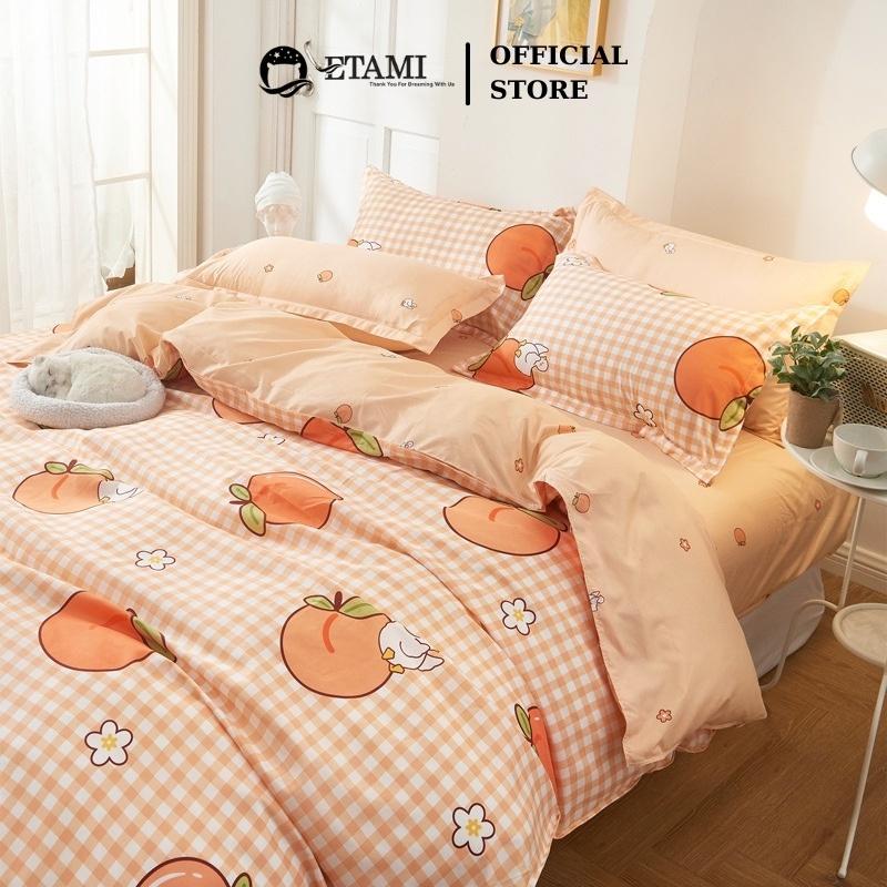 Bộ chăn ga gối đệm cao cấp cotton poly quả đào cam cute miễn phí bo chun drap giường , ga trải giường P08