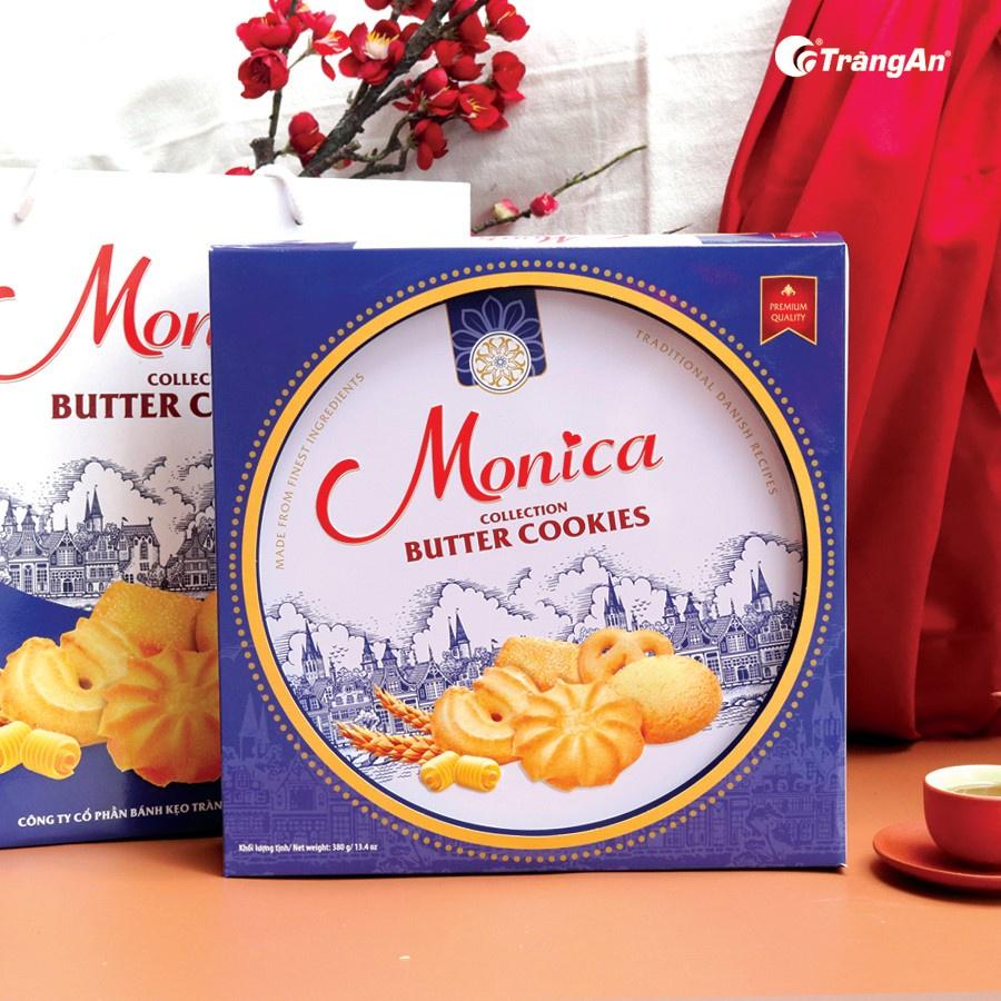 Bánh quy bơ sữa hỗn hợp Monica 380g, hộp thiếc, thương hiệu Tràng An, hạn sử dụng 18 tháng, tặng kèm túi giấy to hơn