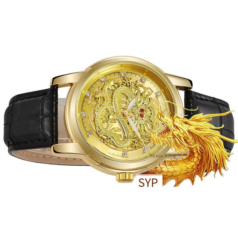 Phong cách mới nhất Rồng Trung Quốc đồng hồ nam doanh nhân giản dị phù điêu ba chiều cá tính dây thép phát sáng dây đeo đồng hồ thạch anh phong cách mới