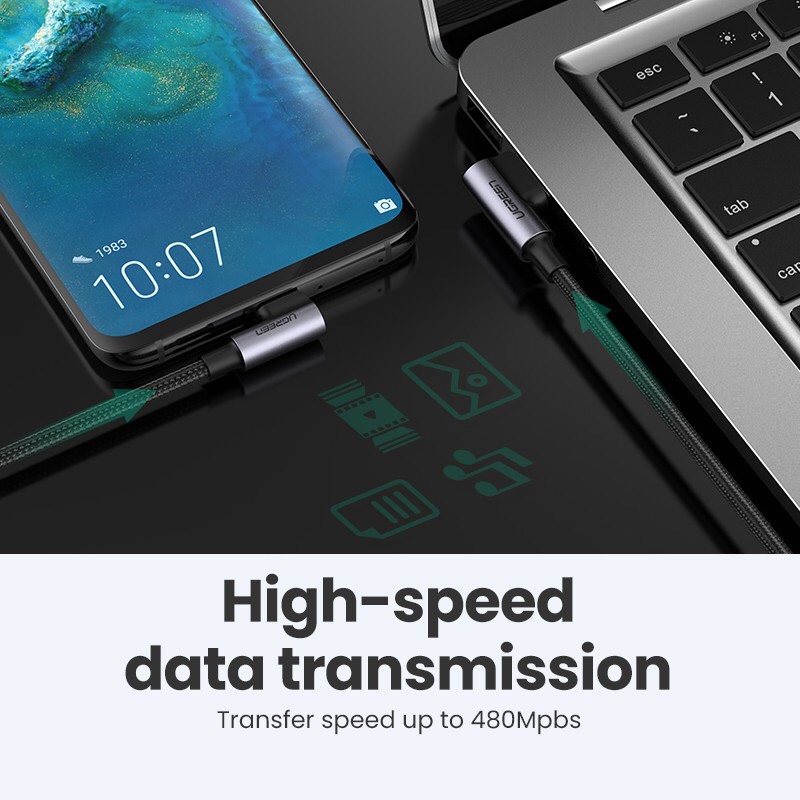 Cáp dữ liệu USB 2.0 sang USB Type-C bẻ góc truyền dữ liệu giữa máy tính và điện thoại dài 2M Ugreen hàng chính hãng