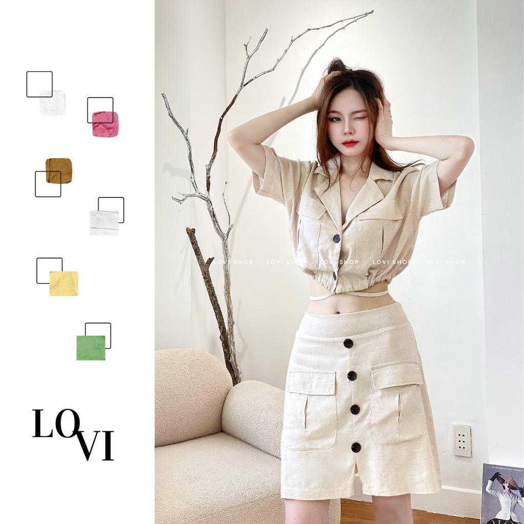 Set áo sơ mi croptop cổ vest cột dây chân váy chữ A chất linen thô phong cách Hàn Quốc 6 màu