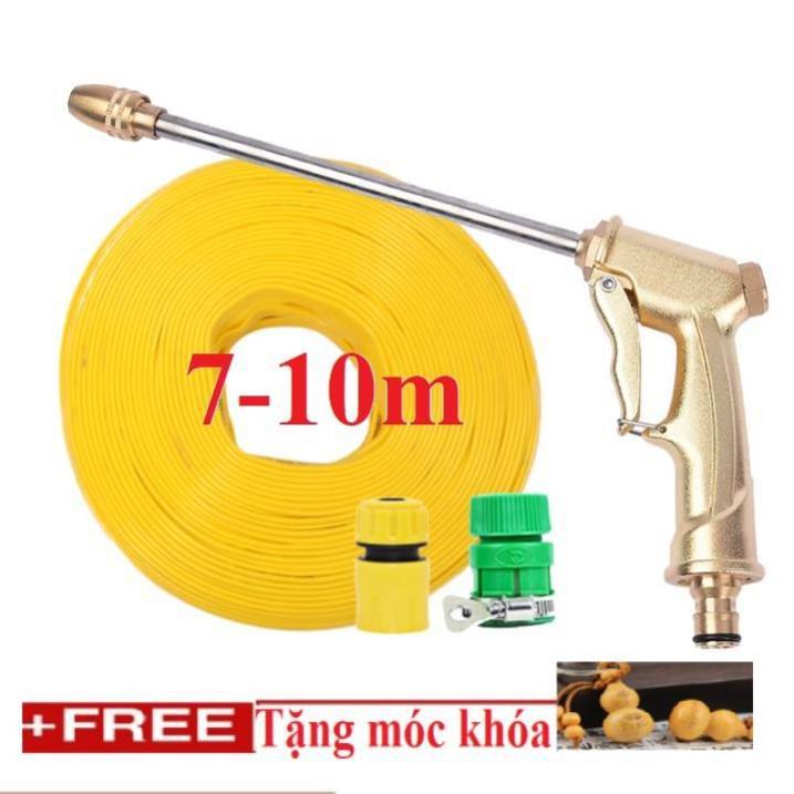 Bộ dây vòi xịt nước rửa xe, tưới cây . tăng áp 3 lần, loại 7m, 10m 206701-3 đầu đồng,cút,nối vàng +tặng móc khoá TL