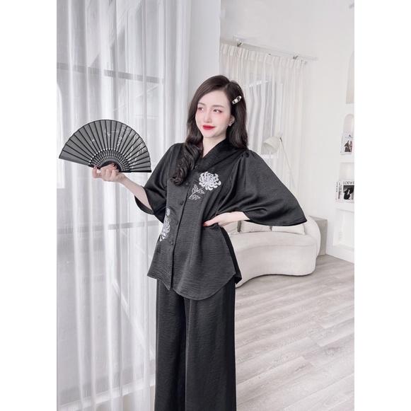 Đồ Bộ Nữ, Bộ Đồ Lam thêu hoa, lụa tuyết nhung, Freesize 40-65kg, tuỳ chiều cao