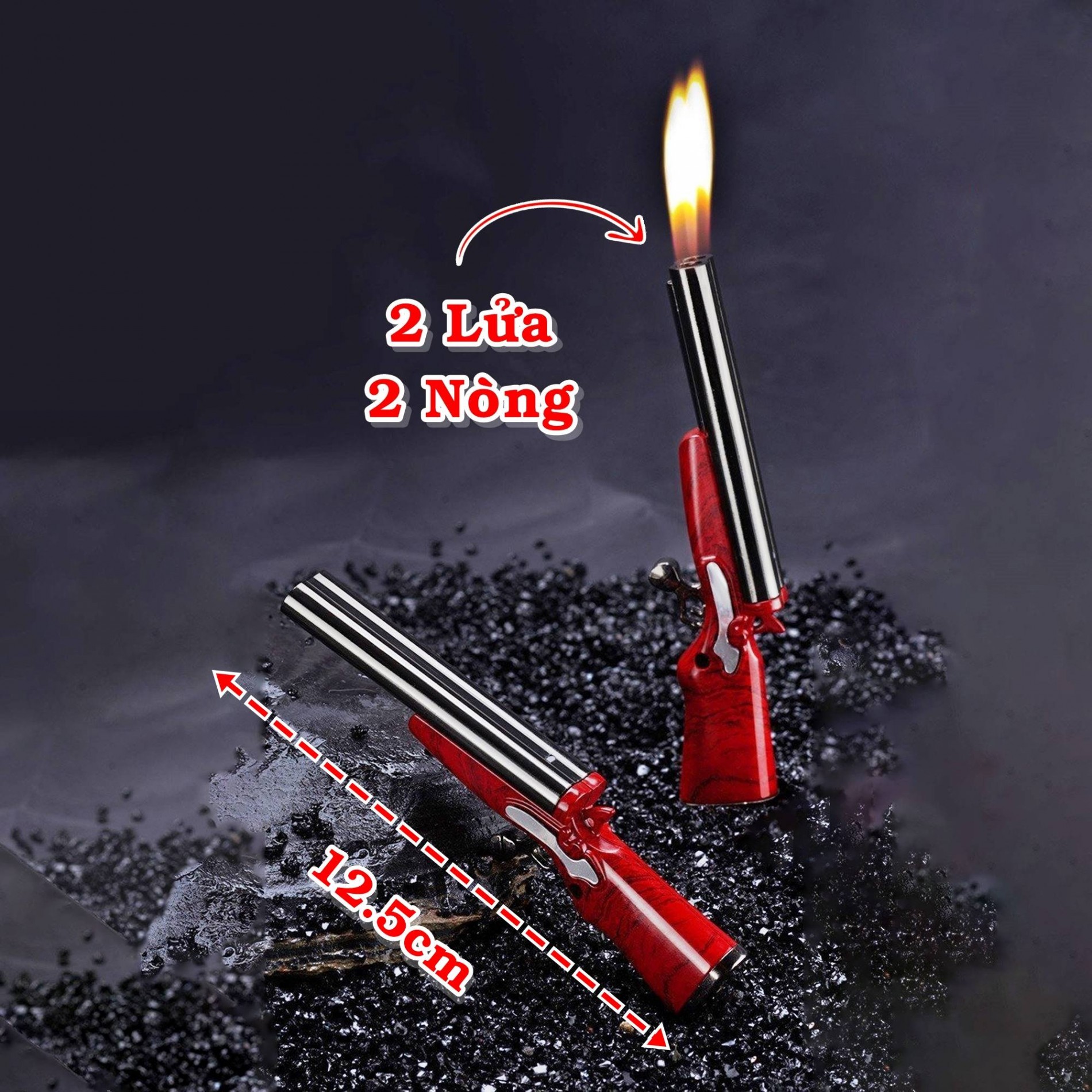 Hột quẹt bật lửa hình súng mini 2 lửa 2 nòng size 12.5cm - xài gas