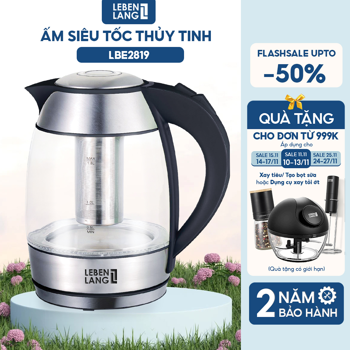 Ấm siêu tốc thuỷ tinh Lebenlang LBE2819, dung tích 1800ml, bảo hành 2 năm - hàng chính hãng