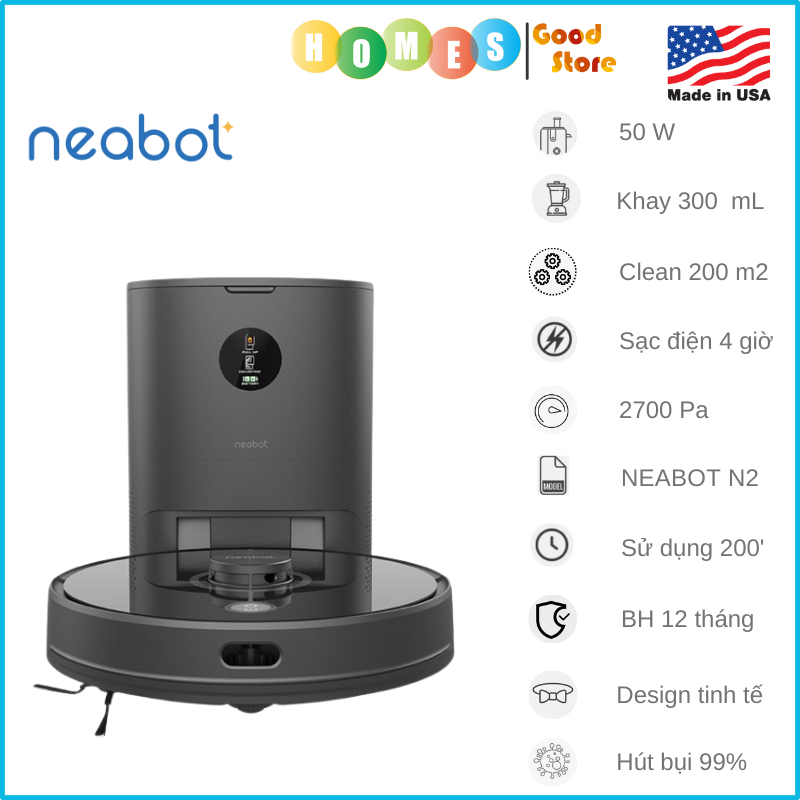 Robot Hút Bụi Lau Nhà Neabot N2 Tự Đổ Rác Thương Hiệu Mỹ - Trợ Lý Nói Tiếng Việt Lực Hút 2700 Pa Lưu 30 Bản Đồ Pin 5200 mAh Công Suất 50W - Hàng Chính Hãng