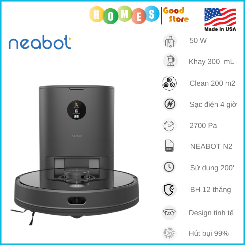 Robot Hút Bụi Lau Nhà NEABOT N2 Tự Đổ Rác - Thương Hiệu Mỹ - Trợ Lý Nói Tiếng Việt Lực Hút 2700 Pa Lưu 30 Bản Đồ Pin 5200 mAh Công Suất 50W - Hàng Chính Hãng