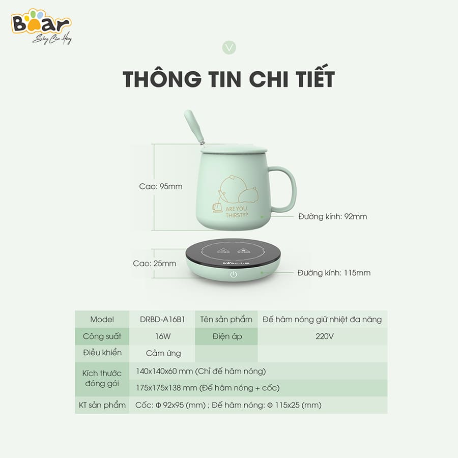 Đế làm nóng đồ uống Bear DRBD-A16B1 Kèm cốc sứ cao cấp, hàng chính hãng, bảo hành 12 tháng