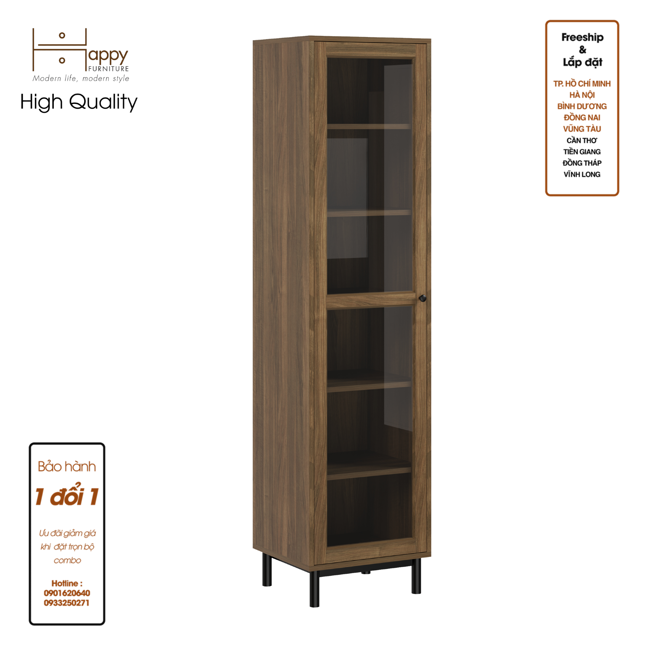 CATY , Kệ sách 6 tầng cửa kính size nhỏ - chân sắt , 45cm x 40cm x 180cm , KSA_018