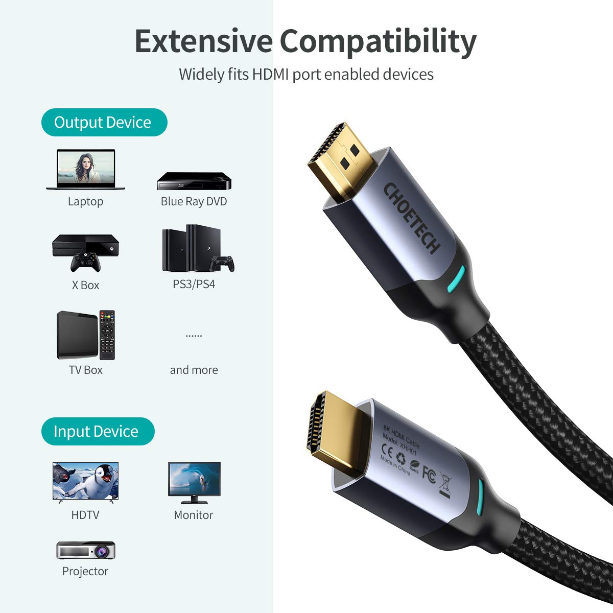 Dây Cáp Dù Lõi HDMI 2.1 8K 48Gbps, 4K 165Hz Dài 2M CHOETECH XHH01 Dùng Cho Tivi/ Máy Tính/ Playstaysion - Hàng Chính Hãng