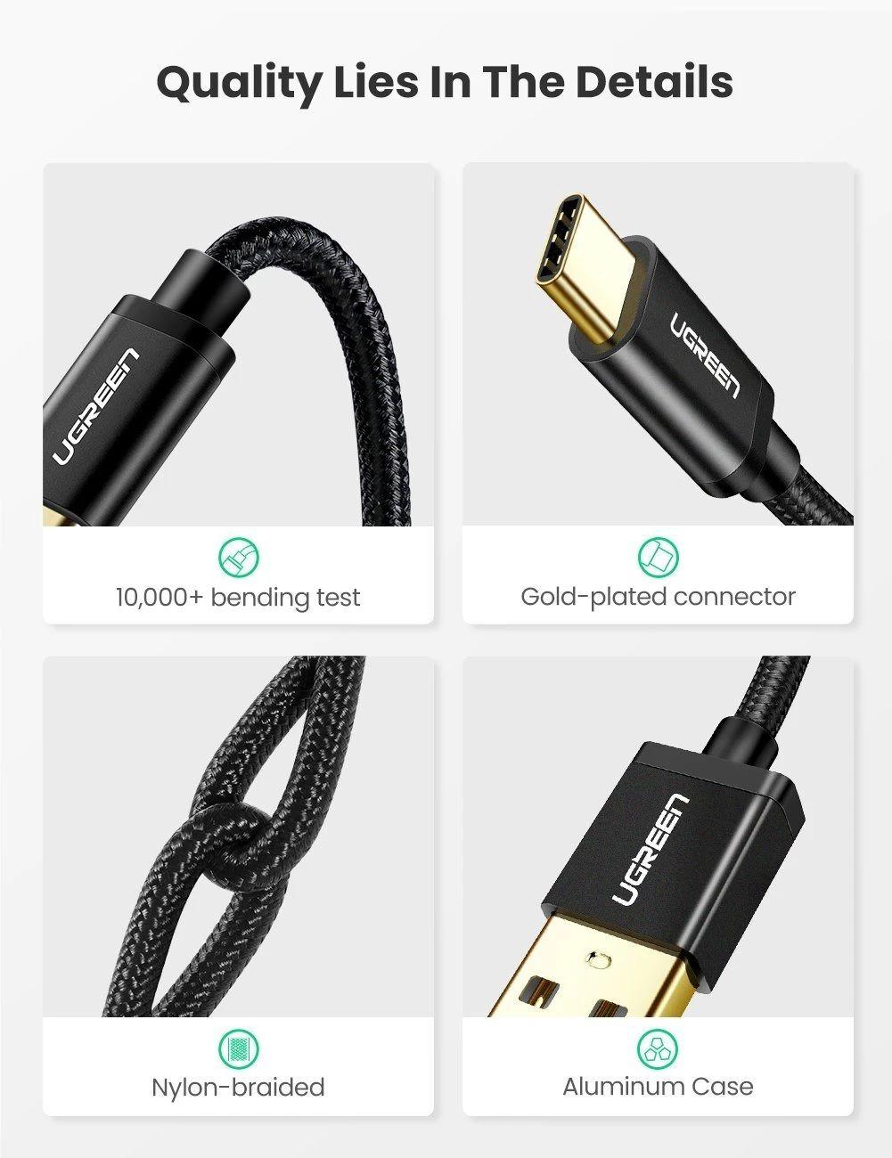 Ugreen UG50878US174TK 3M màu đen cáp USB TYPE C ra A hỗ trợ sạc nhanh mạ vàng 24K - HÀNG CHÍNH HÃNG