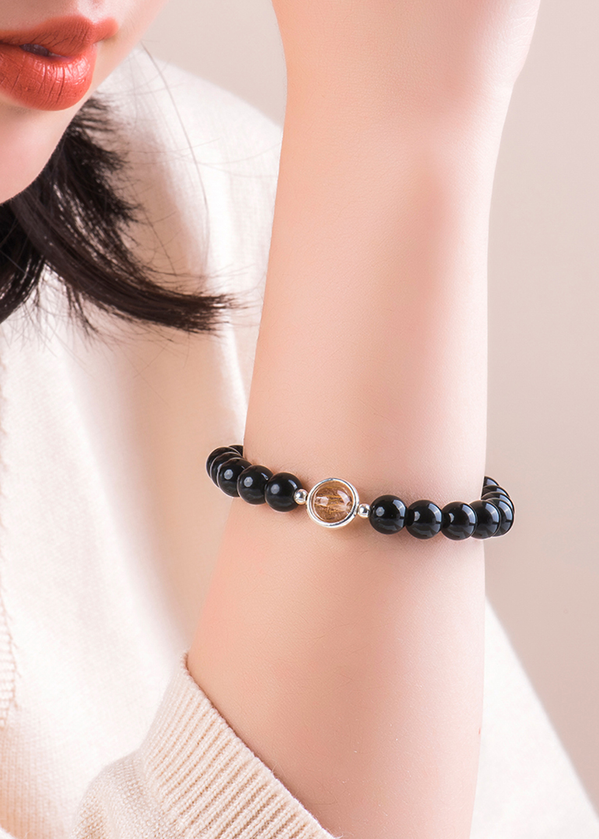 Cặp vòng nam nữ đá Obsidian charm thạch anh tóc vàng - Ngọc Quý Gemstones