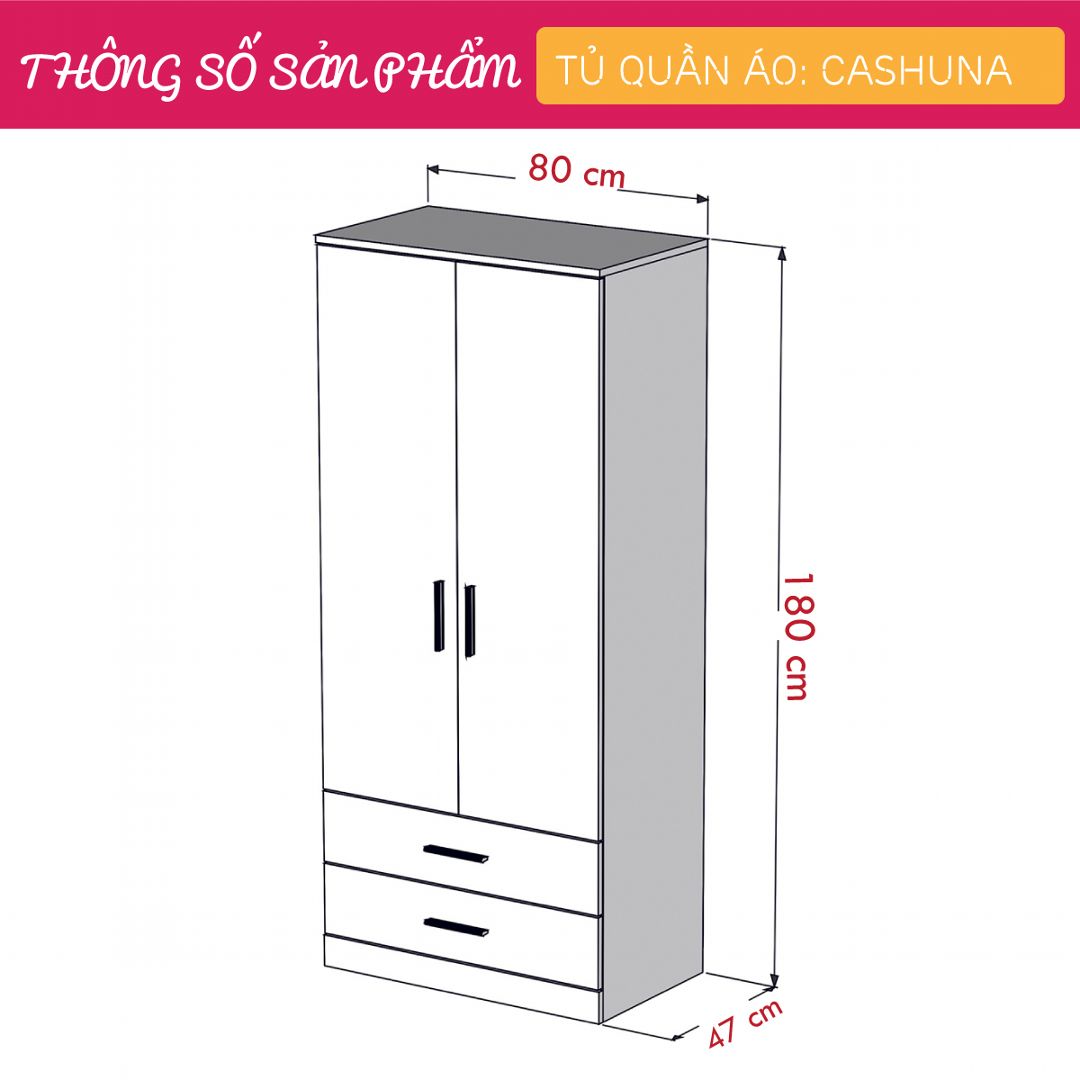 Tủ quần áo gỗ hiện đại SMLIFE Cashuna | Gỗ MDF dày 17mm chống ẩm | D80xR47xC180cm