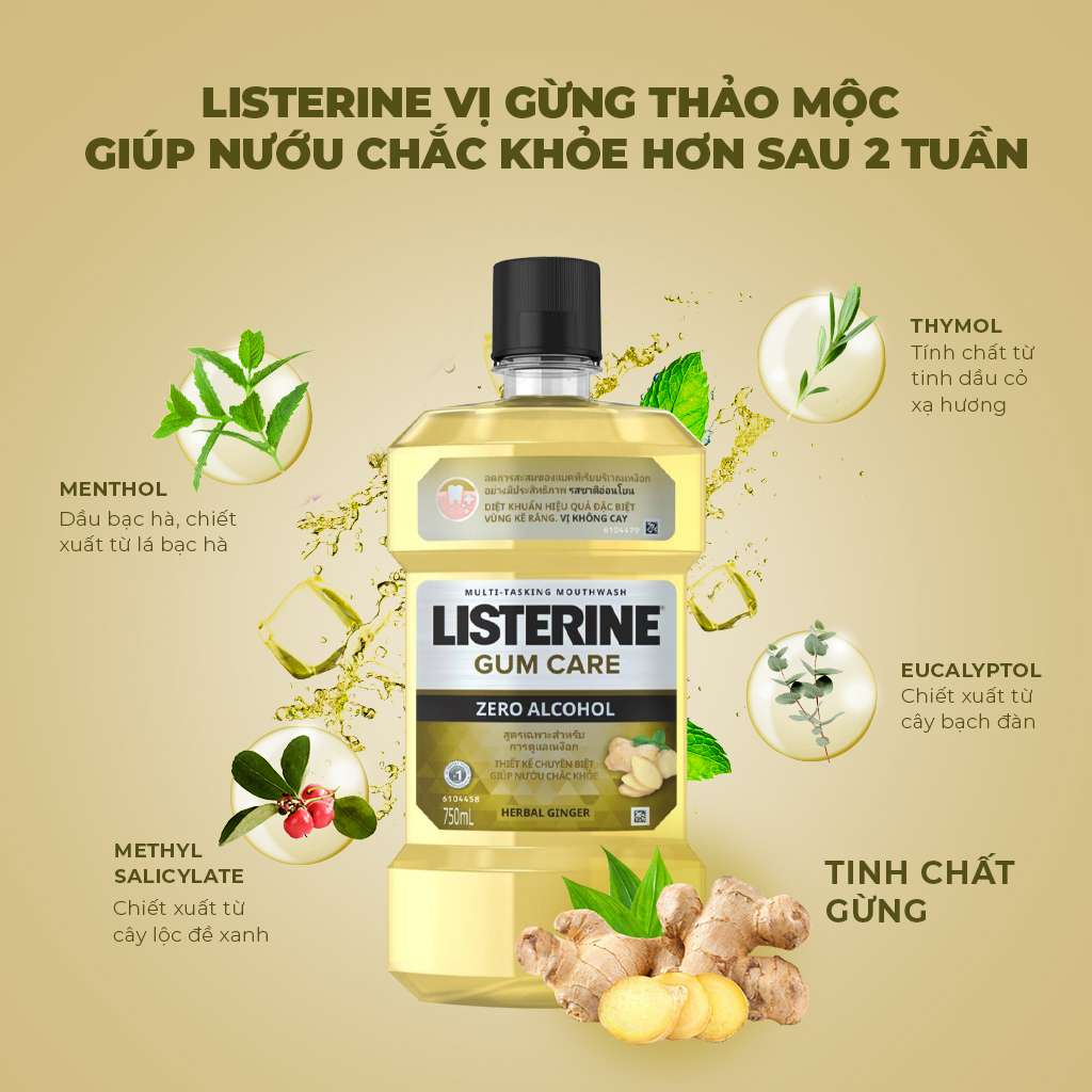 Nước Súc Miệng Listerine Gum Care Giúp Nướu Chắc Khỏe Vị Gừng Thảo Mộc 750ml