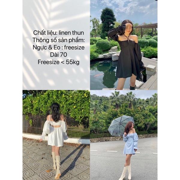 Đầm trễ vai bẹt vai trắng đen xanh