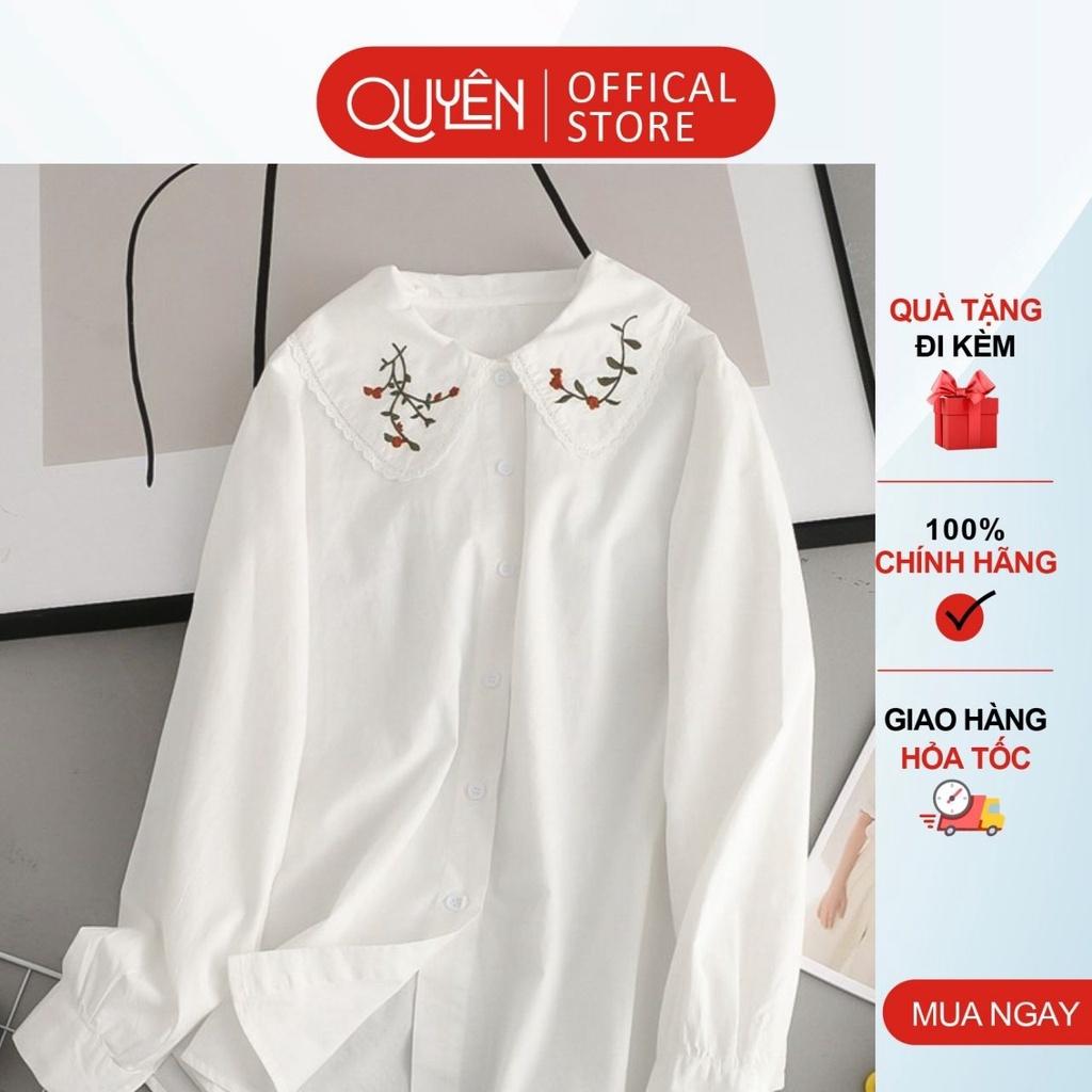 Áo sơ mi cổ thêu hoa công sở Quyên Fashion AA555 màu trắng tay tiểu thư