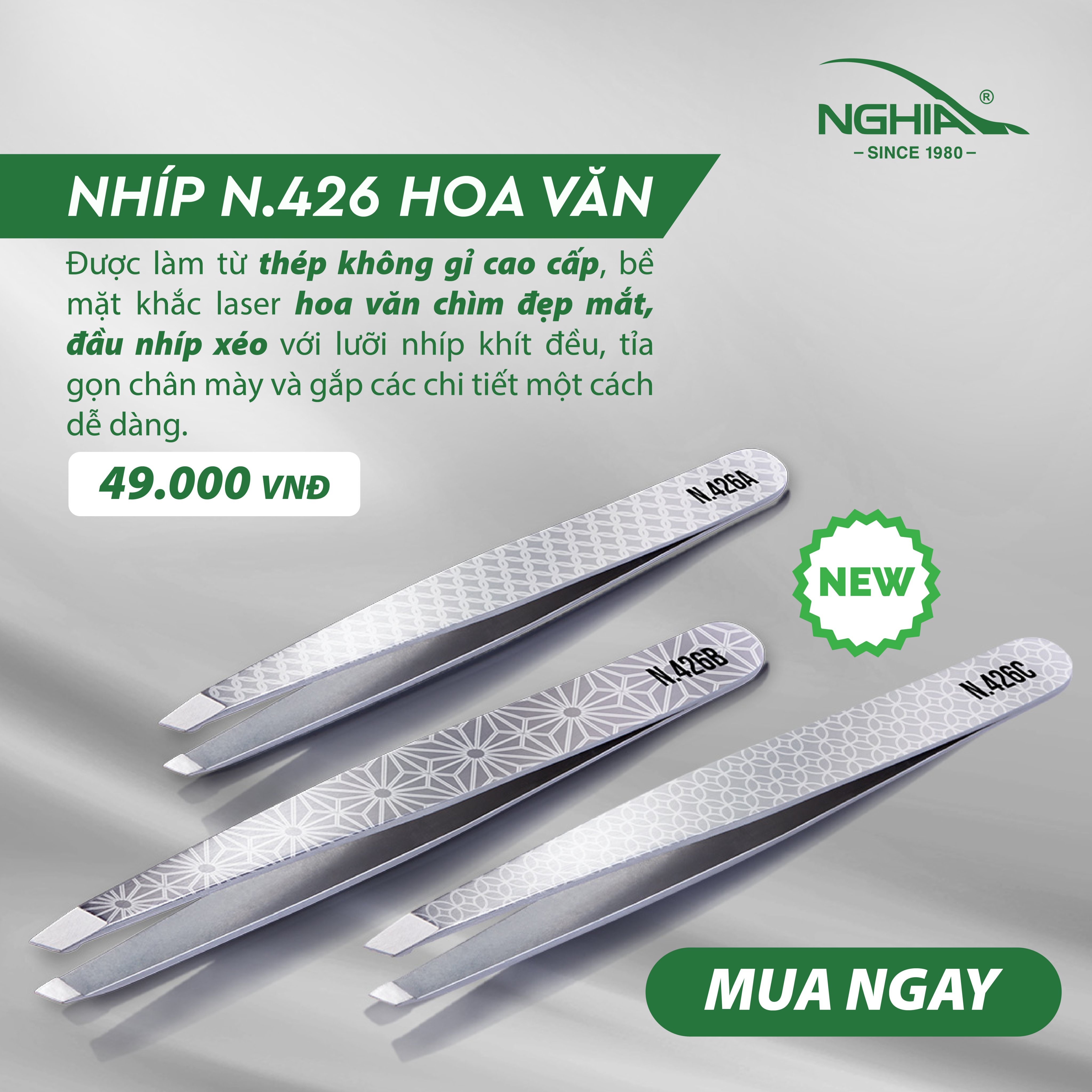 Nhíp Inox Nhổ Lông Mày Đầu Xéo Cao Cấp KỀM NGHĨA N.426 - Hoa Văn