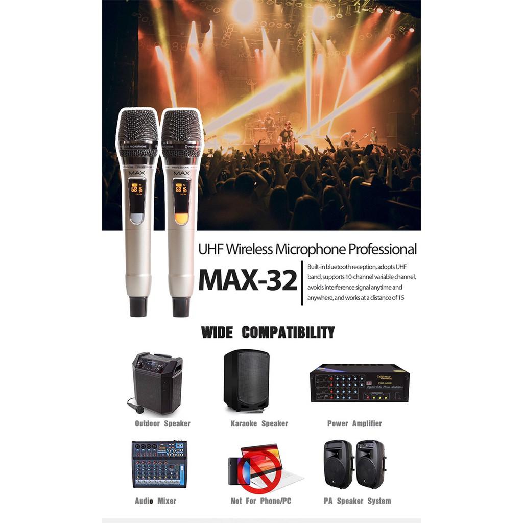 Combo 2 Micro không dây đa năng Max 32 - Màn hình LCD hiển thị tần số - phù hợp cho mọi thiết bị bắt sóng xa hút âm tốt