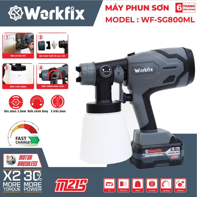 Máy Phun Sơn Workfix WF-SG800ML - 2 Kiểu Phun Linh Hoạt - Pin 10 Cell 21V/4Ah - Bảo Hành 6 Tháng
