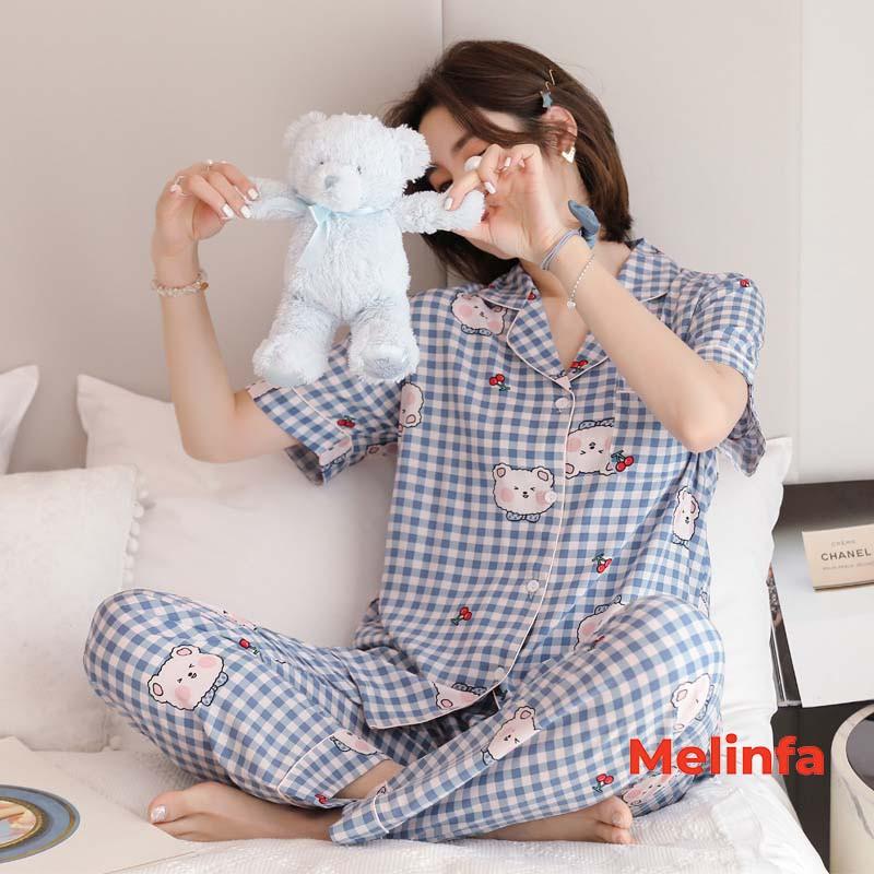 Bộ đồ ngủ Pijamas, bộ đồ mặc nhà nữ cộc tay, quần dài chất vải Cotton lụa tự nhiên thoáng mát nhiều màu mã VABD0174