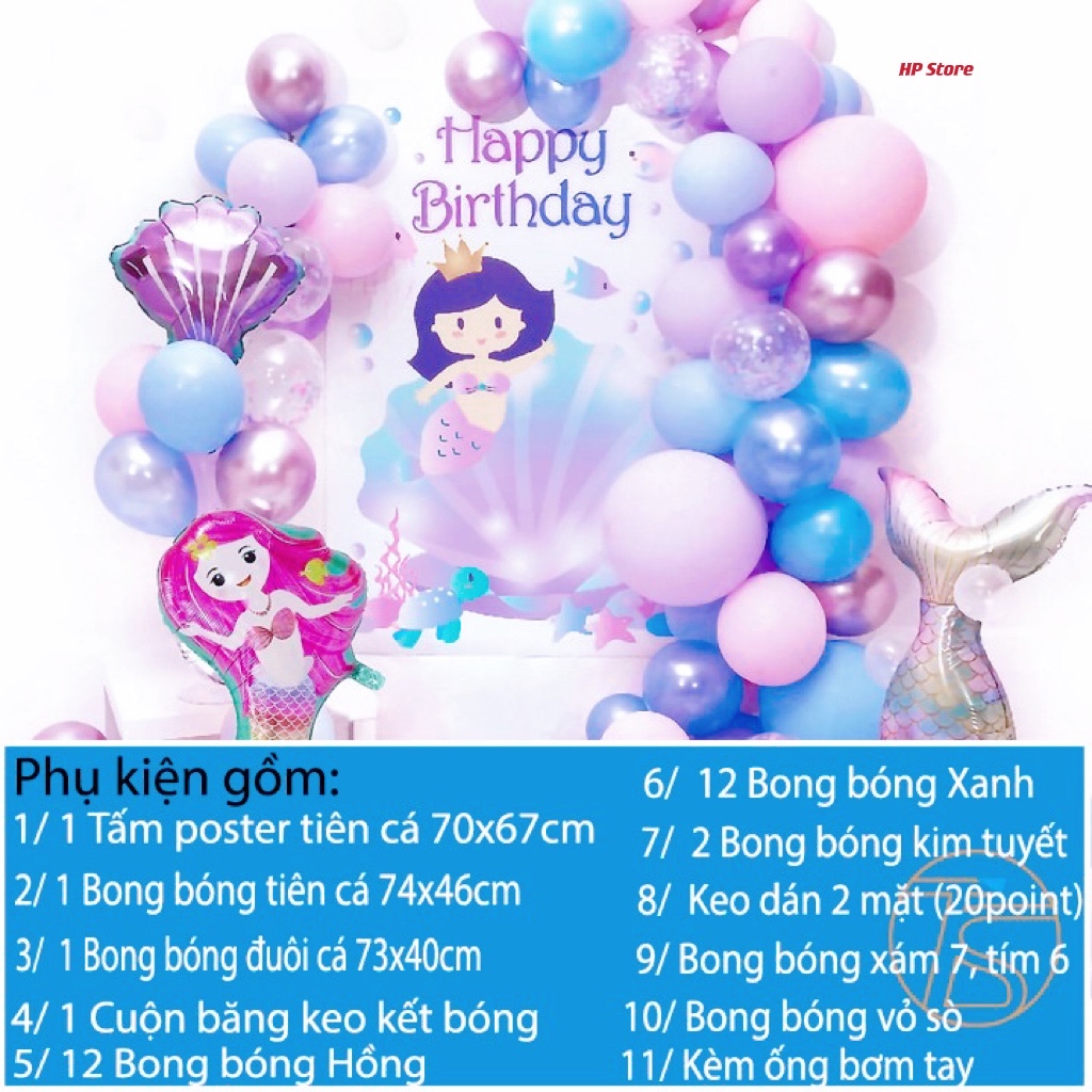 Set Bộ Trang Trí Sinh Nhật Nàng Tiên Cá Tím Hồng Xanh Trẻ Em Tặng Kèm Phụ Kiện Cây Bơm Bóng