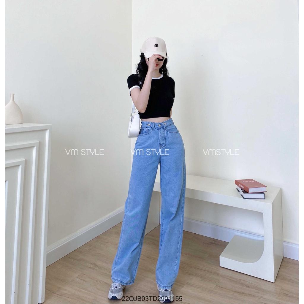 Quần jean nữ VM STYLE ống rộng trơn lưng cao phối dây-5202-5211- 22QJR03TD2309