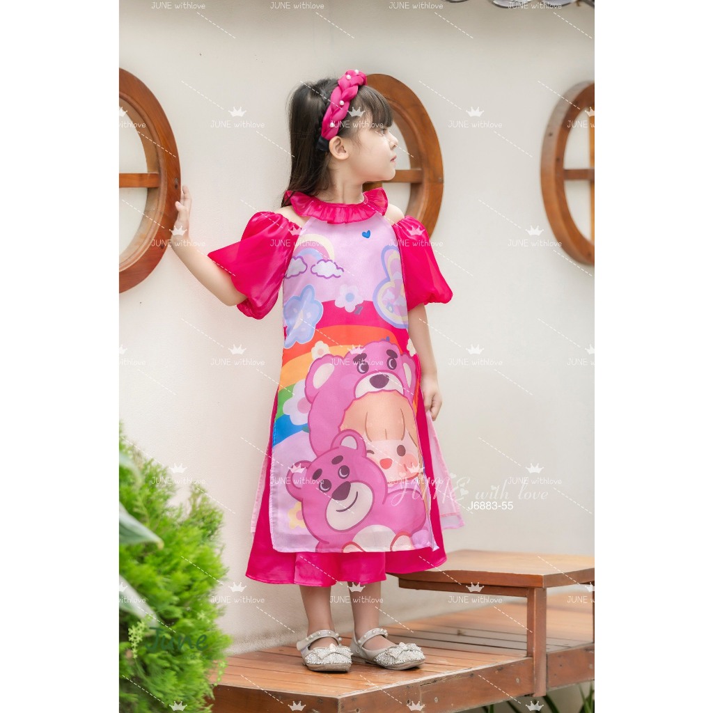 Áo dài tết cho bé gái mẫu Gấu dâu Lotso từ 12-40kg hàng thiết kế cao cấp