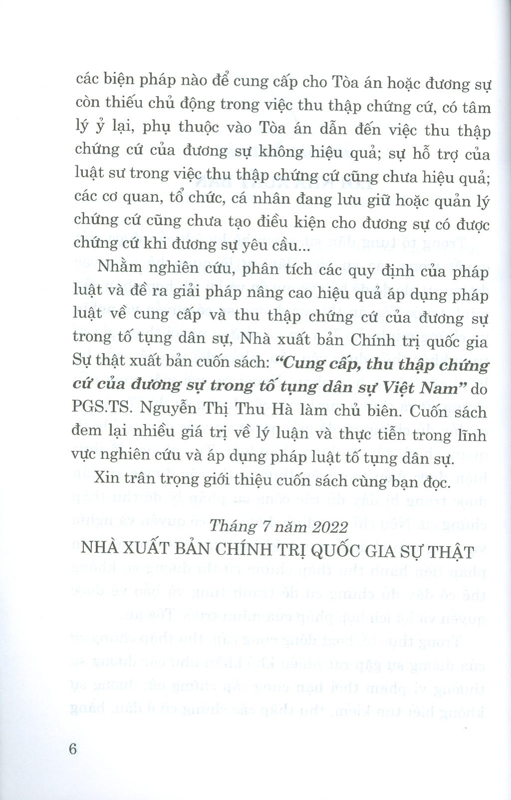 CUNG CẤP, THU THẬP CHỨNG CỨ CỦA ĐƯƠNG SỰ TRONG TỐ TỤNG DÂN SỰ VIỆT NAM