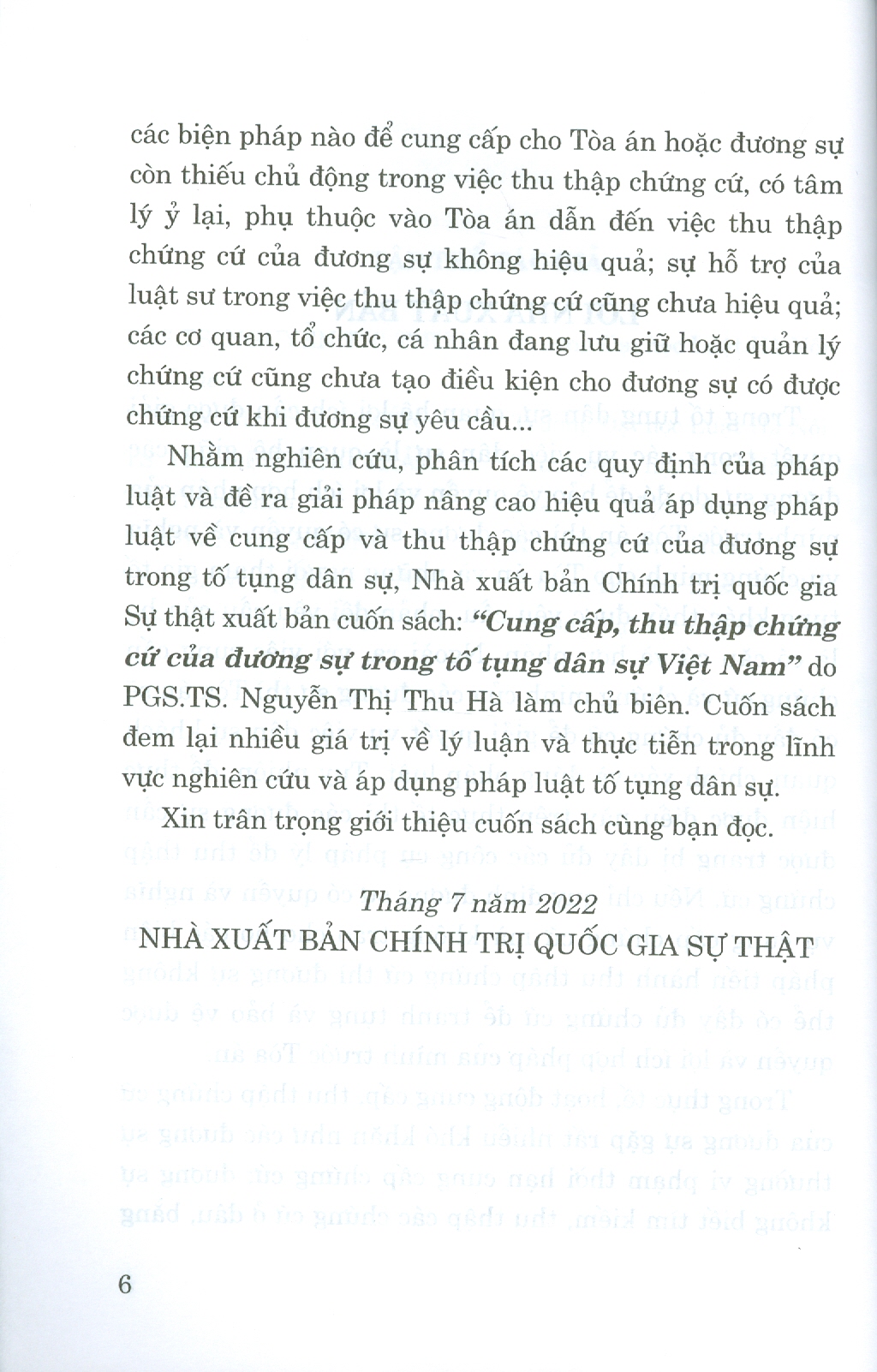 CUNG CẤP, THU THẬP CHỨNG CỨ CỦA ĐƯƠNG SỰ TRONG TỐ TỤNG DÂN SỰ VIỆT NAM (Sách chuyên khảo)