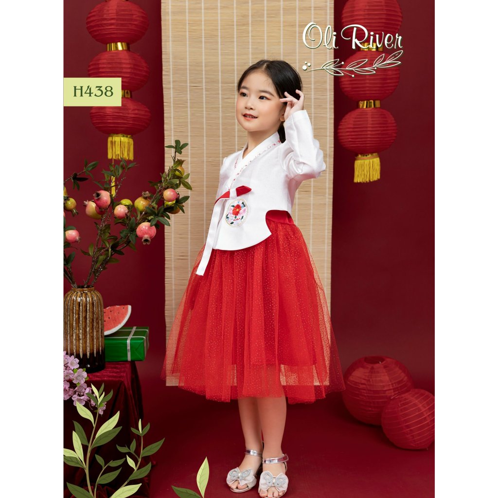 Đầm công chúa hanbok hoa cho bé gái màu đỏ diện tết đẹp size 12-40kg hàng Thiết kế