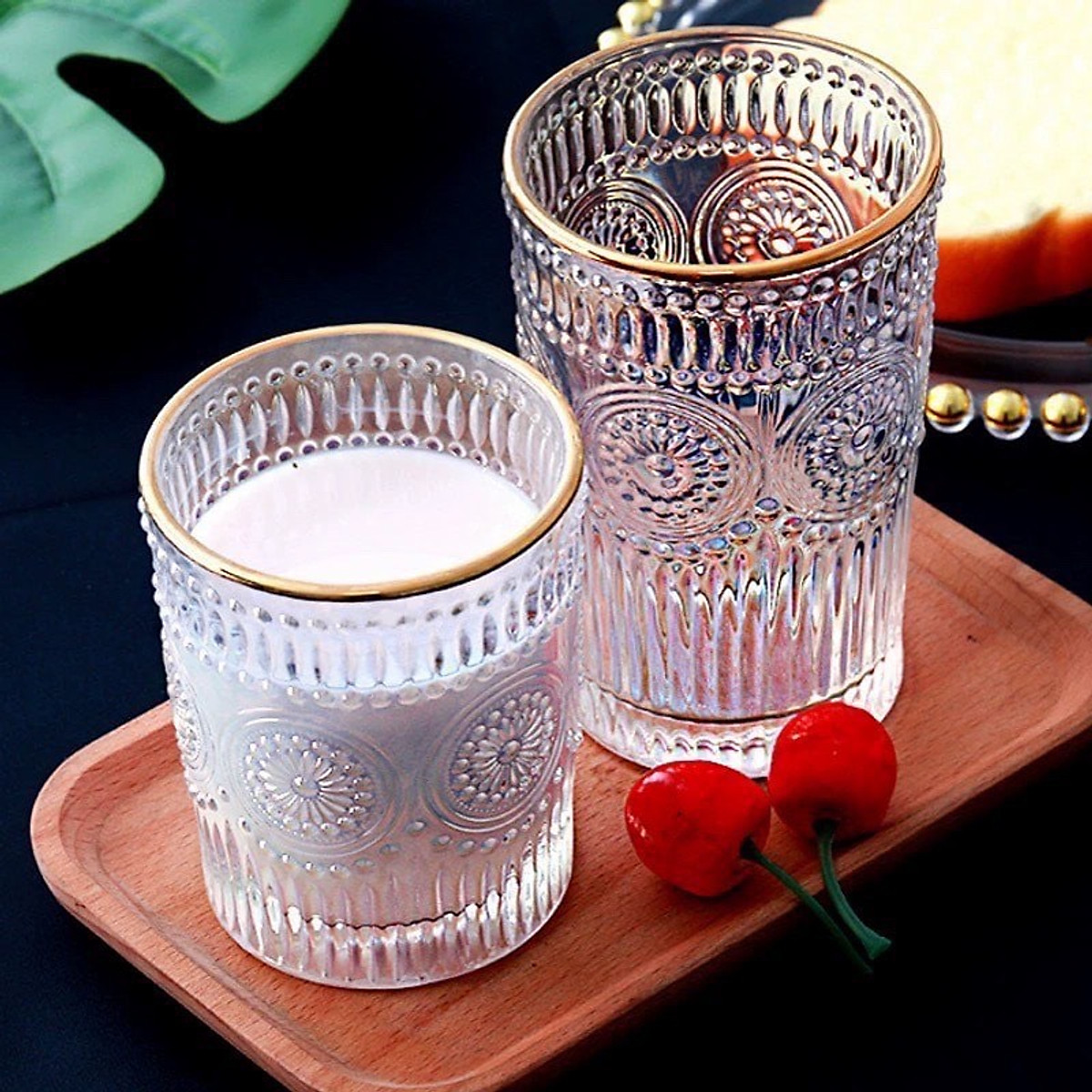 Ly thủy tinh hoa văn 360ml viền vàng họa tiết mặt trời - Mã 80125VV