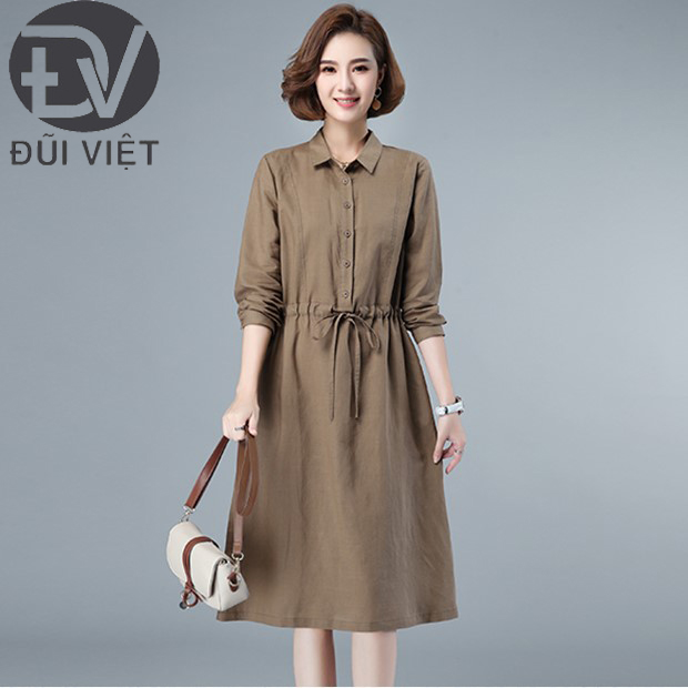 Đầm Công Sở Thu Đông mới, Váy Sơ Mi nữ Chất Linen Màu Nâu Thời Trang Đũi Việt