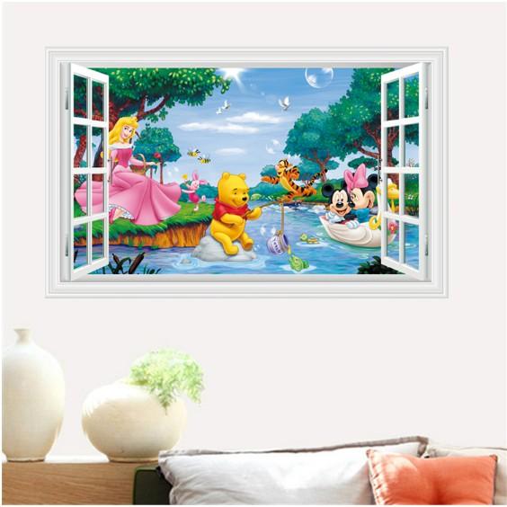 Decal trang trí khung cửa sổ các nhân vật hoạt hình đang vui chơi