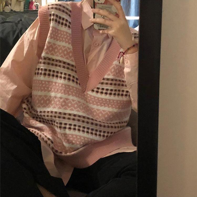 áo gile len kèm áo sơ mi hàn quốc ulzzang nữ dáng rộng cổ v thời trang nam nữ có tách lẻ - 094