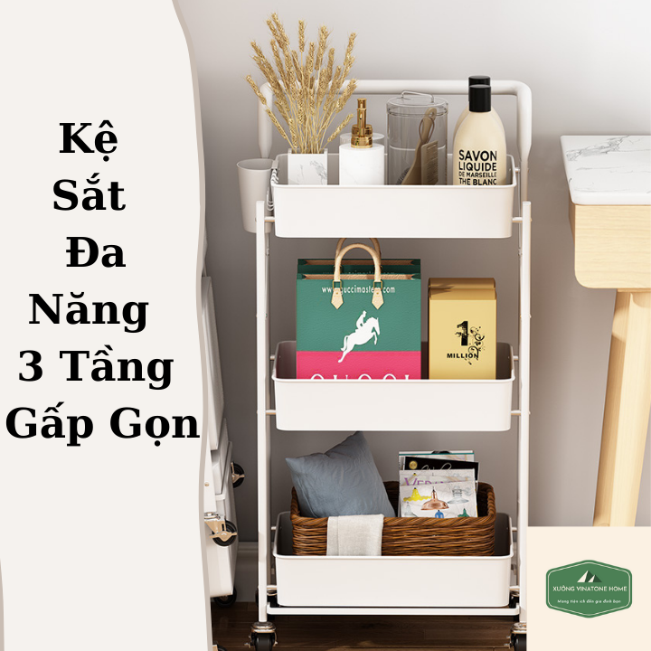 Kệ Sắt Đa Năng 3 Tầng Gấp Gọn - Xe Đẩy Đồ Tiện Lợi Không Cần Lắp Đặt - Phong Cách Hiện Đại Đa Năng