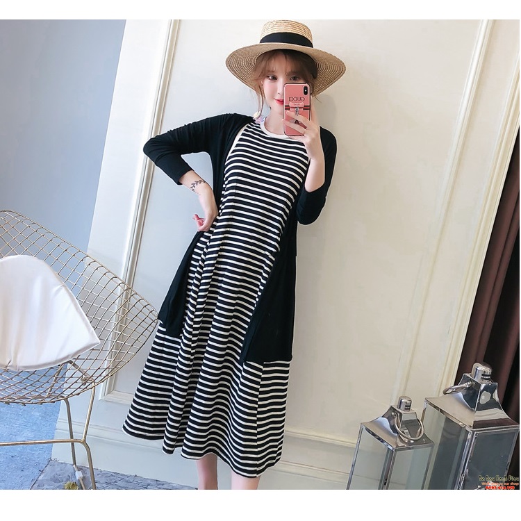 ĐẦM BẦU COTTON DÁNG DÀI CÓ ÁO CALIGAN DR2487